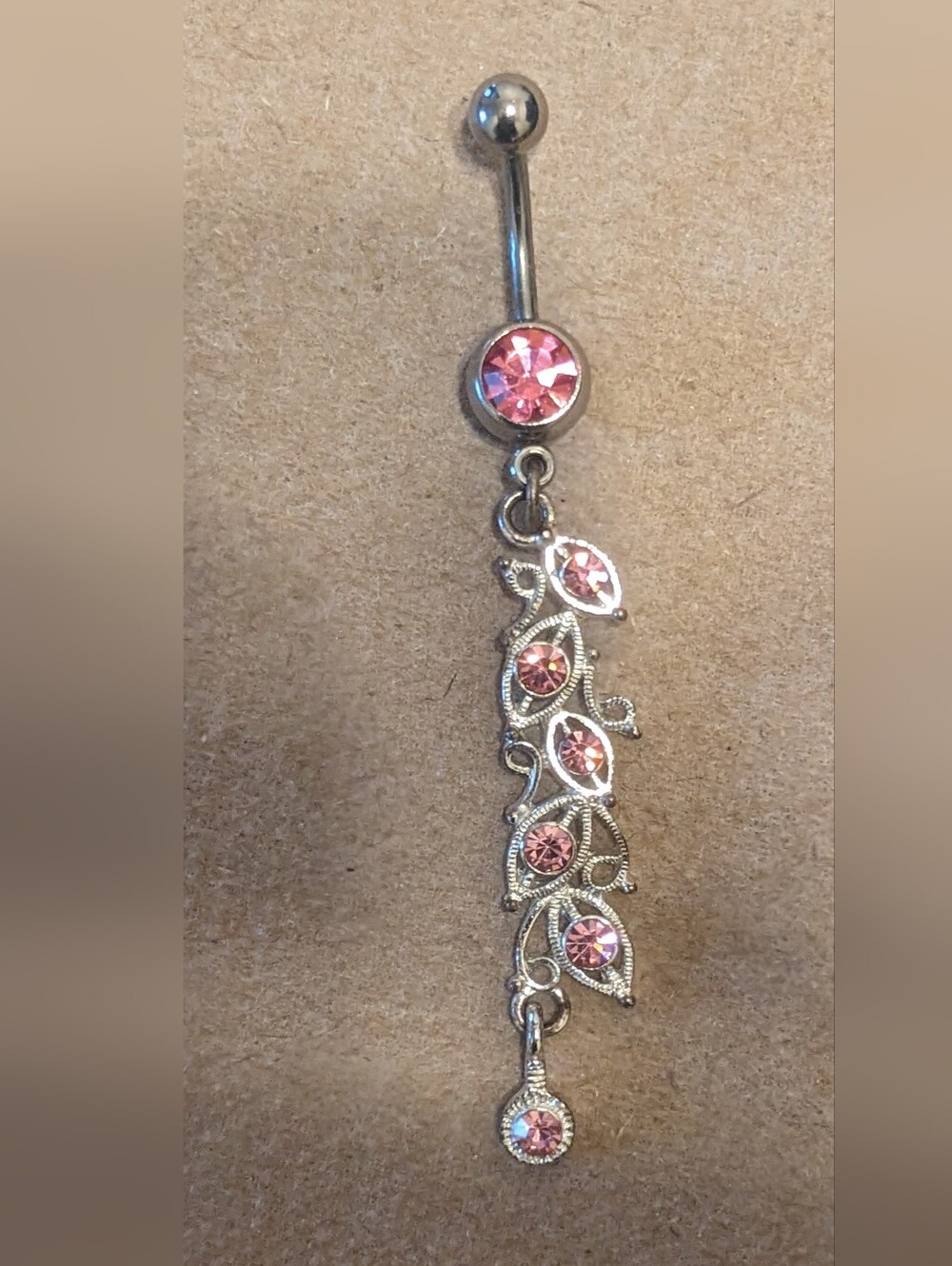 Pink Crystal Long Dangle Belly Ring – Elegant Silver-Tone Navel Jewelry